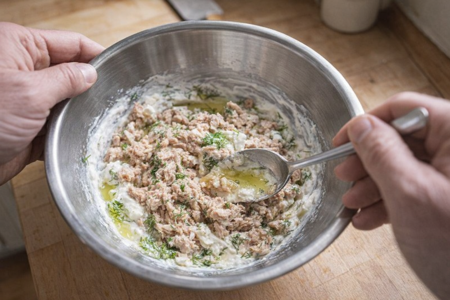 Action shot of a spoon mixing tuna, Greek yogurt, lemon juice, and dill in a stainless steel bowl, overhead angle, bright kitchen light